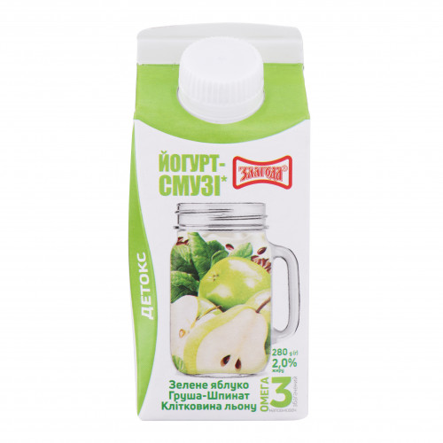 Йогурт-cмузі 2% зелене яблуко-груша-шпинат-клітковина льону Злагода к/у 280г