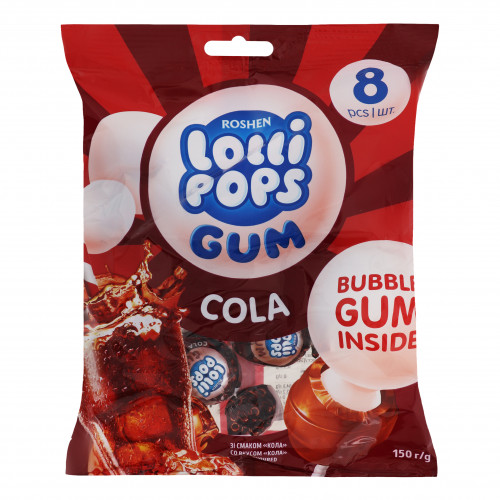 Карамель льодяникова з жувальною гумкою Кола Lollipops Gum Roshen м/у 150г