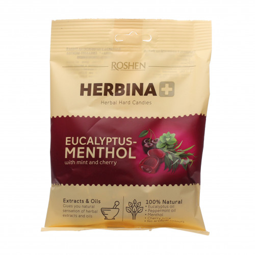 Карамель з начинкою на травах Eucalyptus-menthol with mint and cherry Herbina+ Roshen м/у 80г