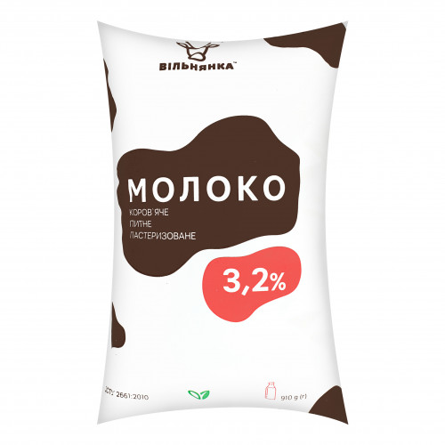 Молоко 3.2% коров'яче питне пастеризоване Вільнянка м/у 910г