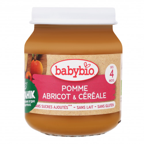 Пюре для дітей від 4міс з яблука абрикоса та злаків органічне Babybio с/б 130г