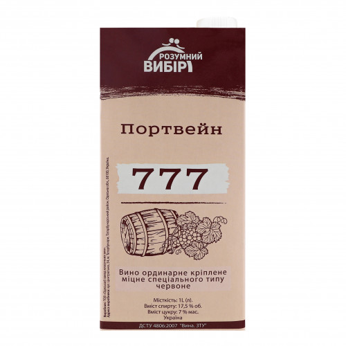 Вино 1л 17.5% червоне міцне Портвейн 777 Розумний вибір т/п