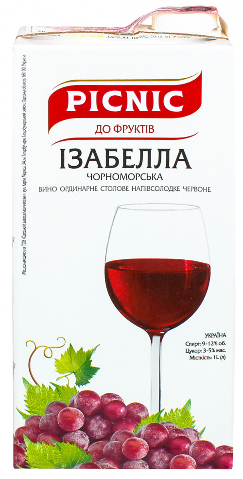 Вино 1л 9-12% червоне напівсолодке Ізабелла Picnic т/п